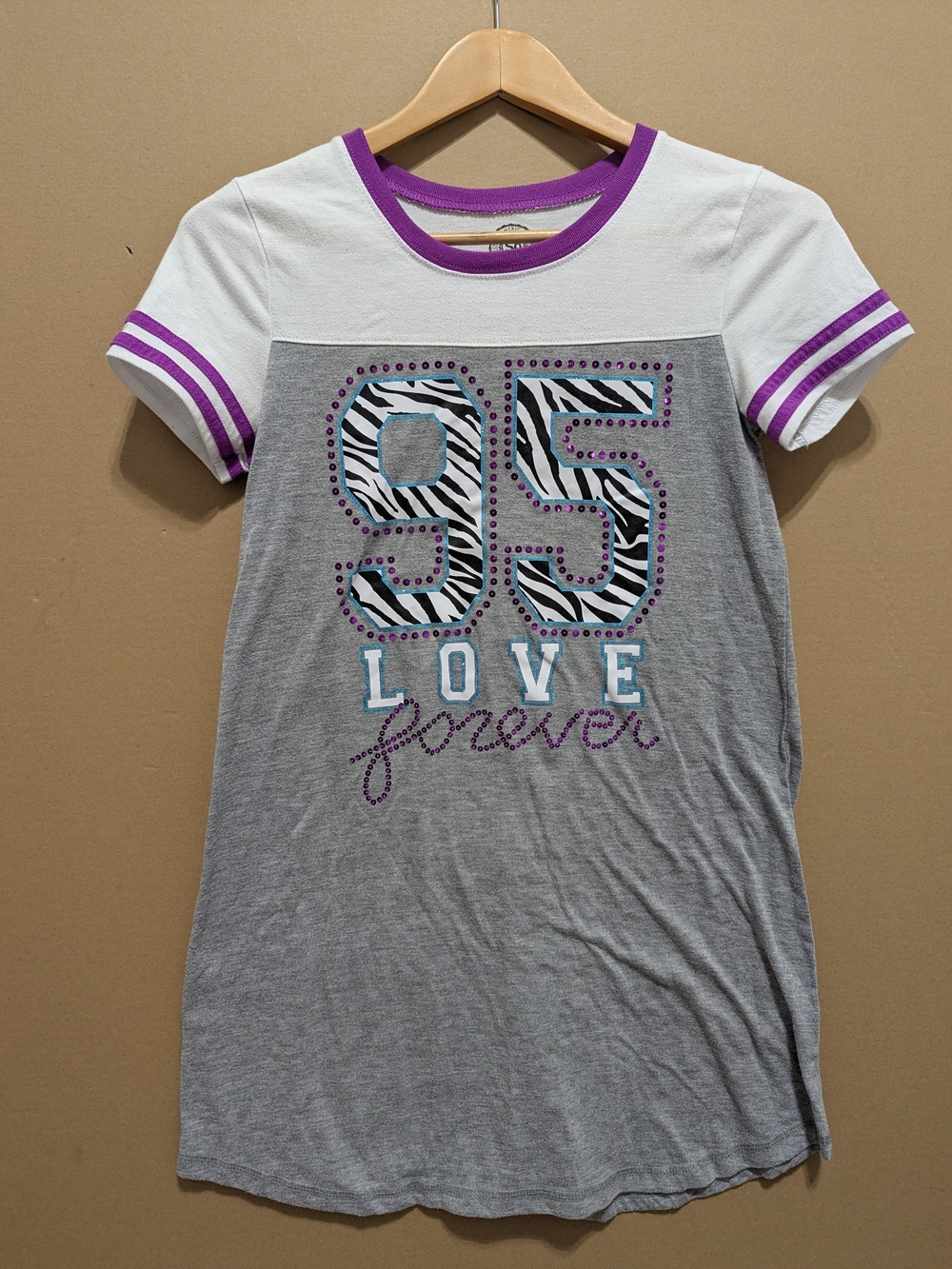 SO Y2K Graphic T-Shirt Grey White Purple Zebra 95 Love Forever Girls Sz 14/16